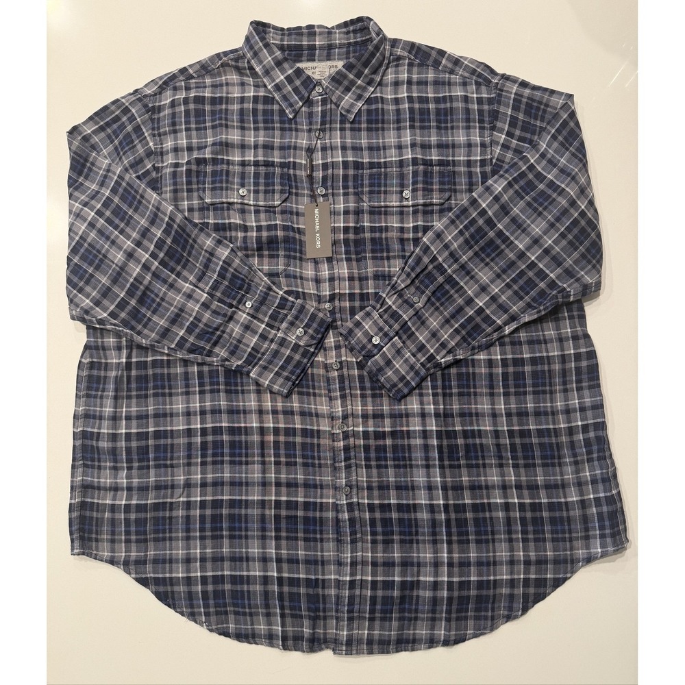 Michael Kors Plaid Long Sleeve Button-Up Shirt 3XB Blue Grey White Cotton